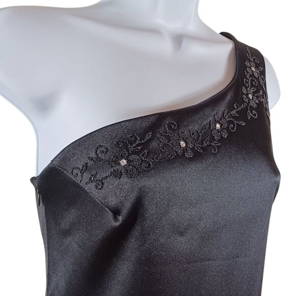Rampage One-Shoulder Black Satin Dress 7 Beaded Asymmetrical Y2K Glam Cocktail - Picture 3 of 10